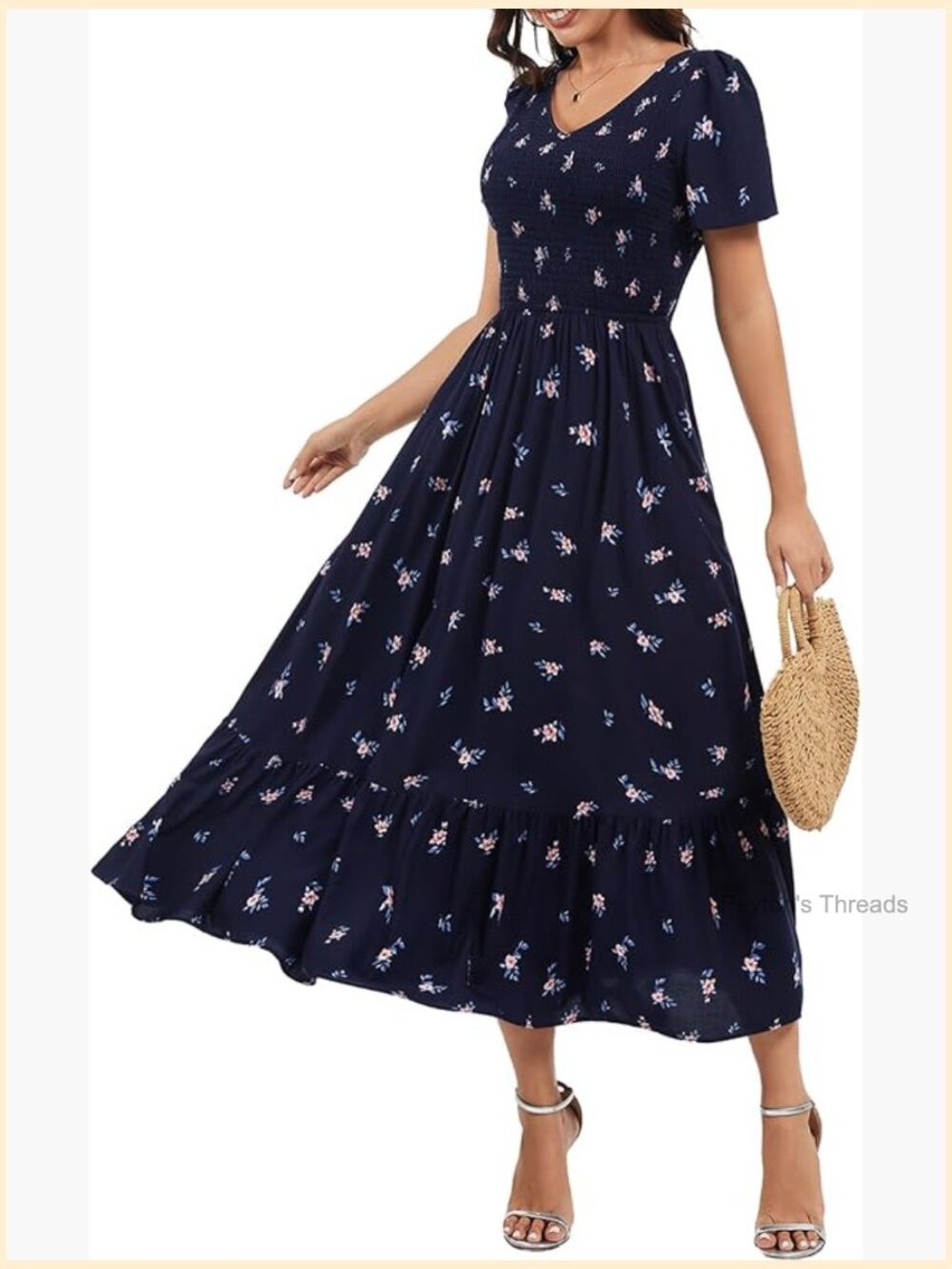 Flowy V Neck Smocked Maxi Dress with Pockets - Picture 1 of 5